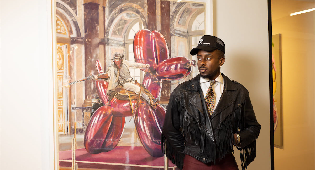 Meka Ibe with Eric Yahnker’s Balloon Ride, 2023 at Dallas Art Fair