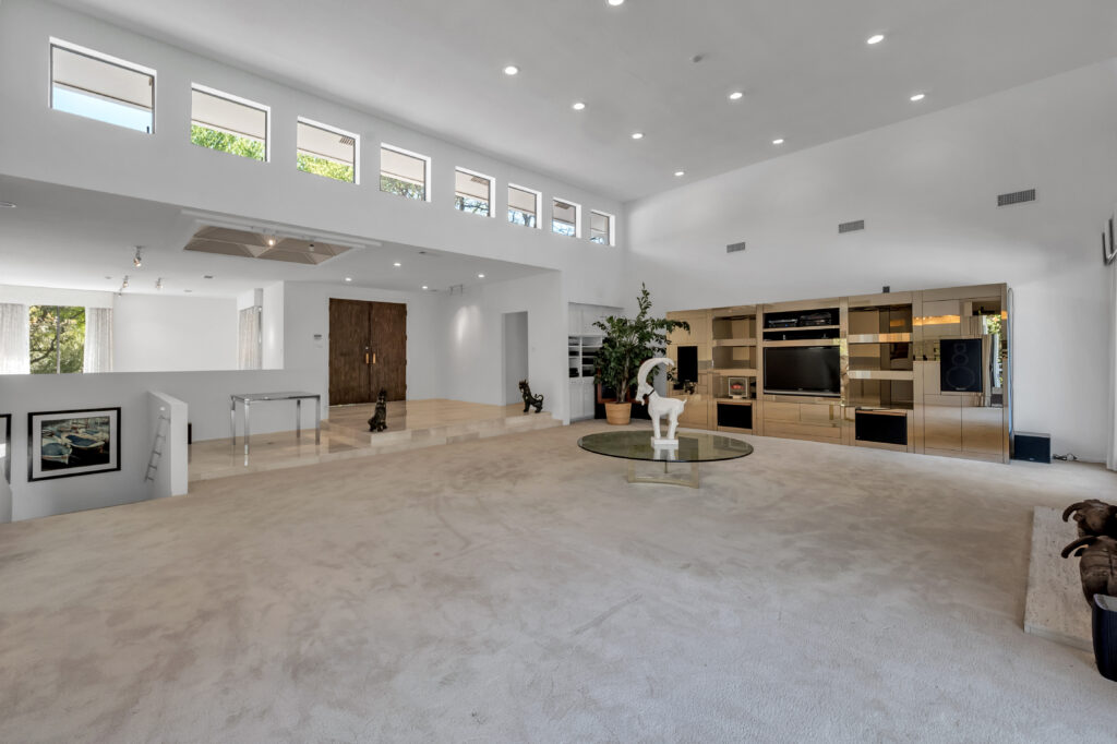 The sleek, mod and light filled living room.