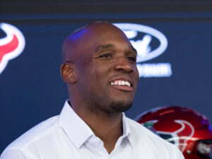 Houston Texans selected quarterback C.J. Stroud with the #2 pick in the 2023 NFL Draft and traded up to #3 to draft defensive end Will Anderson Jr., and introduced them to Houston media at NRG Stadium