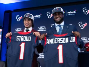 Houston Texans selected quarterback C.J. Stroud with the #2 pick in the 2023 NFL Draft and traded up to #3 to draft defensive end Will Anderson Jr., and introduced them to Houston media at NRG Stadium