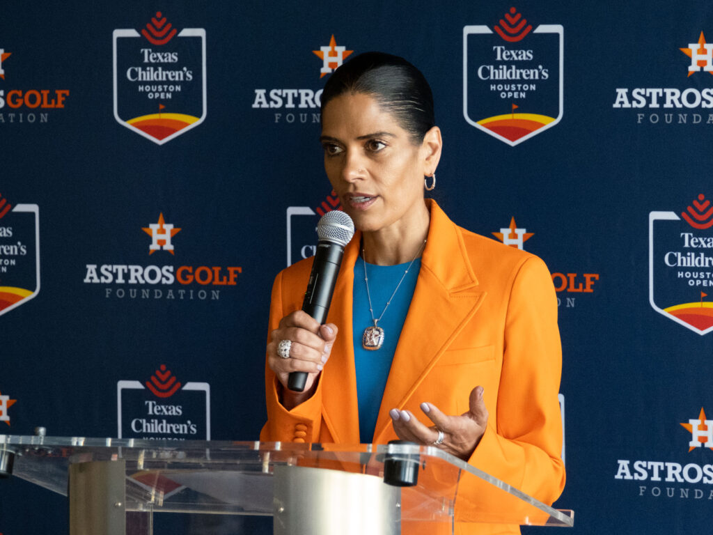 Houston Astros senior vice president of marketing and communications Anita Sehgal kicked off the Houston Open and Texas Children's union.  (Photo by F. Carter Smith)