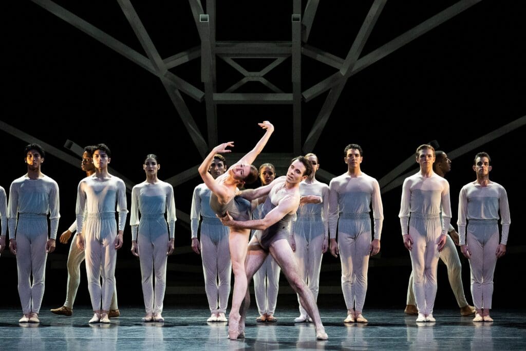 Houston Ballet principal dancers Jessica Collado and Connor Walsh with artists of Houston Ballet in Justin Peck's "Under the Folding Sky." (Photo by Lawrence Elizabeth Knox. Courtesy Houston Ballet)
