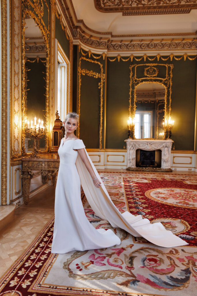 For the white-tie wedding dinner, Skylar Pinchal wore a gown by Emilia Wickstead, the design inspired by 1960s Balenciaga and Givenchy.(Photo by German Larkin)
