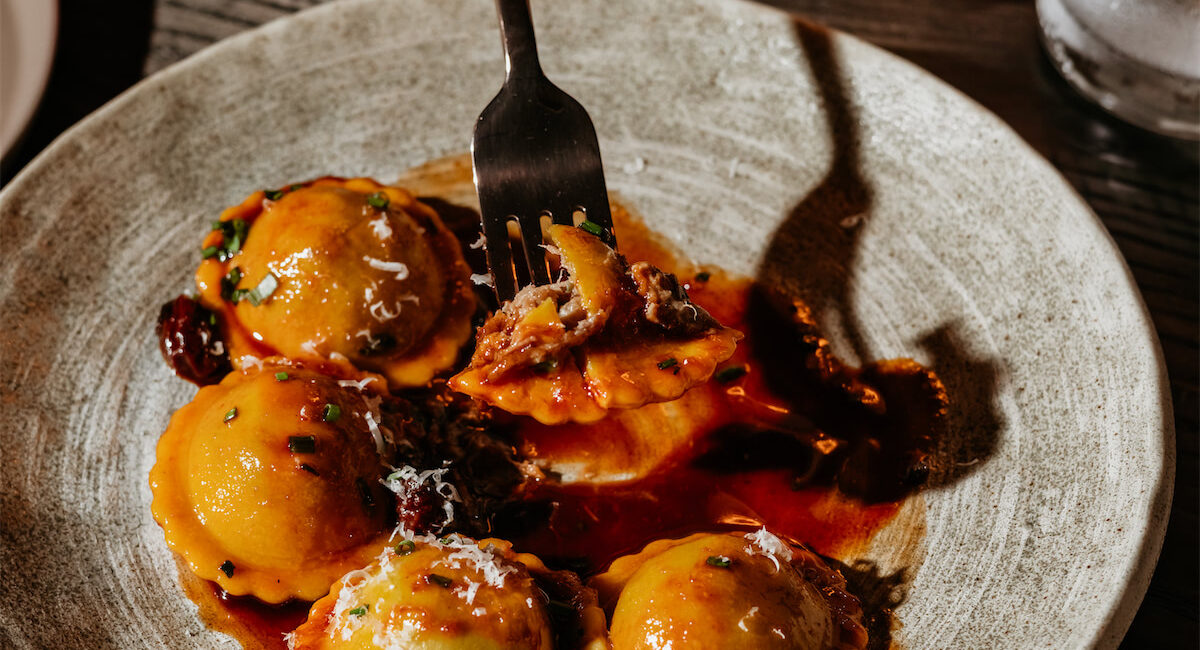 Brisket and Foie Gras Ravioli with Dried Cherry Reduction