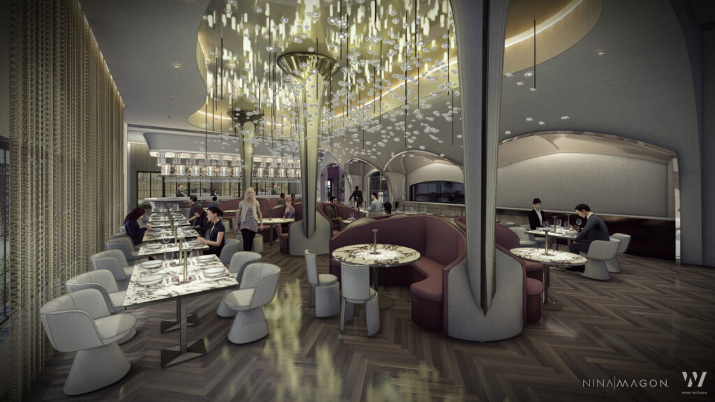 The restaurant boasts 7,000 square feet of indoor space with 2,000 square feet of outdoor courtyard dining. Inside the dining room will be illuminated with hundreds of crystal lights that appear to hover above casting light upon the soaring columns and archways. (Photo by Ashley Flowers)