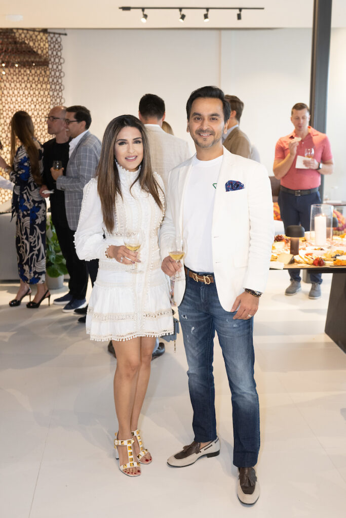 Sneha & Nick Merchant at 2023 the BeDESIGN fête introducing Sorellina Rooftop and Frerejean Frères champagne.