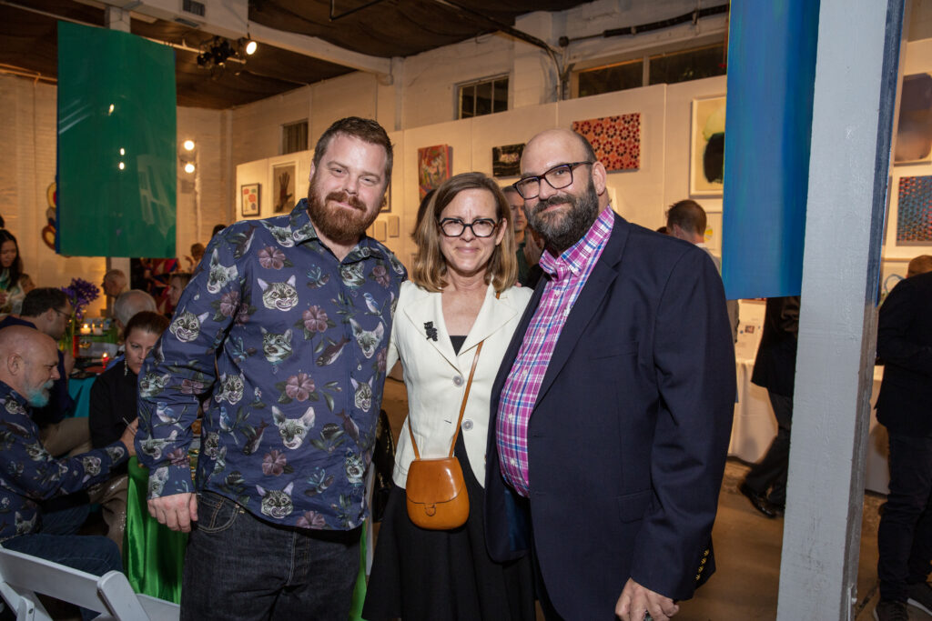 Douglas Welsh, Sarah Fisher, Bill Willis at the 2023 Glasstire Party & Auction (Photo by Jenny Antill Clifton)