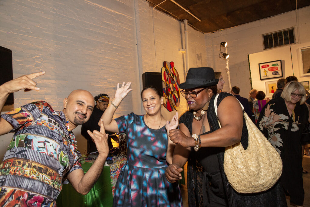 GONZO 247 & Carolyn Casey-Figueroa, Shelia Roberson at the 2023 Glasstire Party & Auction (Photo by Jenny Antill Clifton)