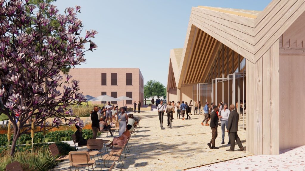 The timber building with its dramatic pitched roofline will be a beacon in the revitalization of its Fort Worth neighborhood.