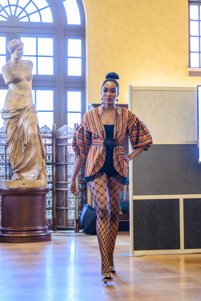Kimono Zulu's Autumn Stripe modeled Koko Burton at the Ascend AAPI Spring Fashion Show (Photo by Ken Jones)