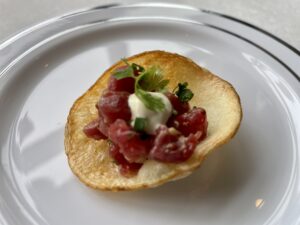 Le Margot – Prime beef tartare is served atop a crispy potato chip. (Photo by Courtney Dabney)