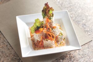 The clear lobster sushi are served with a warm sauce at Mastro's Ocean Club.