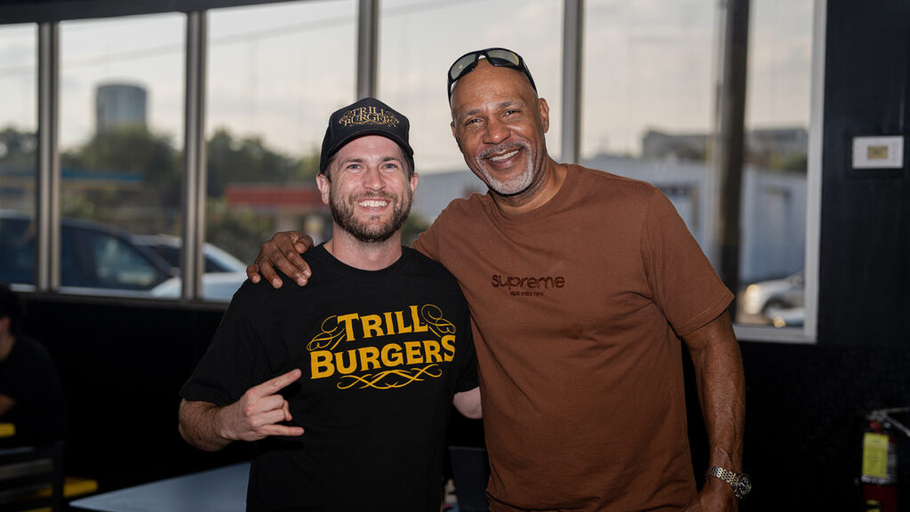 Nick Scurfield and Houston Rockets legend Mario Ellie at the preview of Bun B's Trill Burgers brick and mortar hot spot. (Photo by Mark Champion)