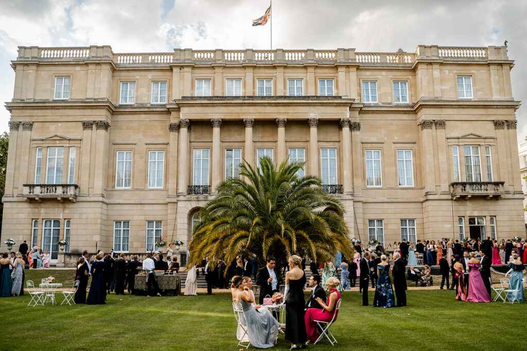 The dinner celebration following the wedding of Skylar Pinchal and Oliver Coysh was held at historic Lancaster House and began with champagne and toasts on the lawn. 