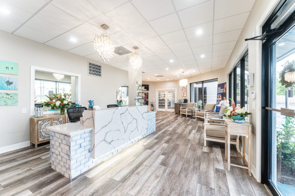 The reception area at Seychelles is a comfortable spot as guests get ready for treatments.