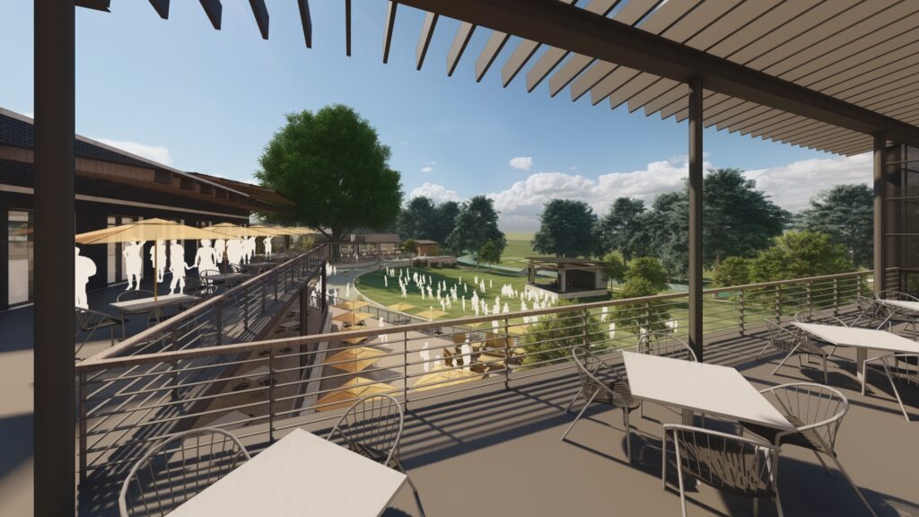 The District brings Upper restaurant balconies with a view to the Lucchese Stage and river beyond.