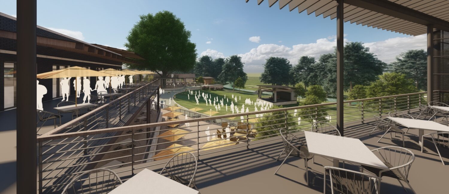 The District brings Upper restaurant balconies with a view to the Lucchese Stage and river beyond.