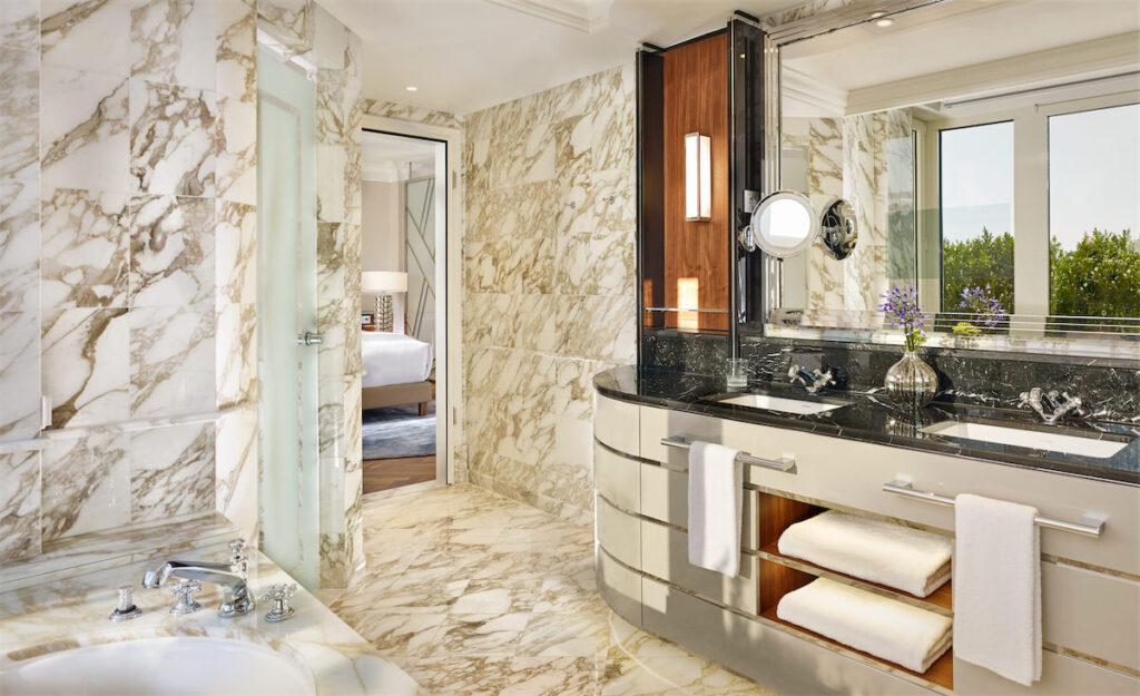 The bathrooms at The Ritz-Carlton, Berlin are beautifully marbled. (Photo by Matthew Shaw)