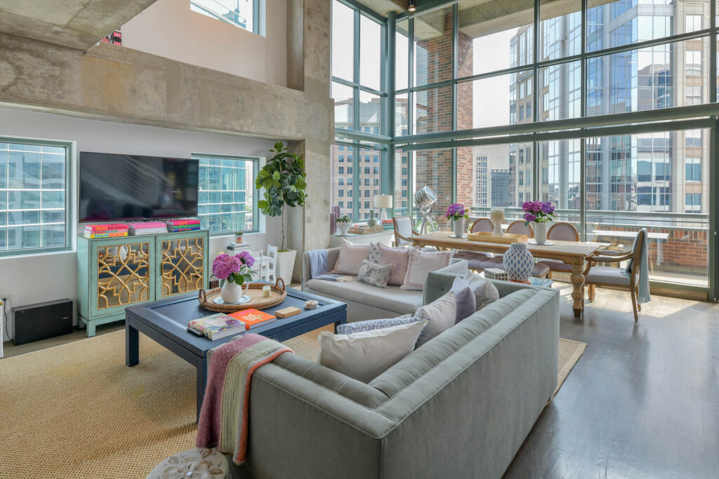 The airy living room at 1999 McKinney Avenue, #1608. 