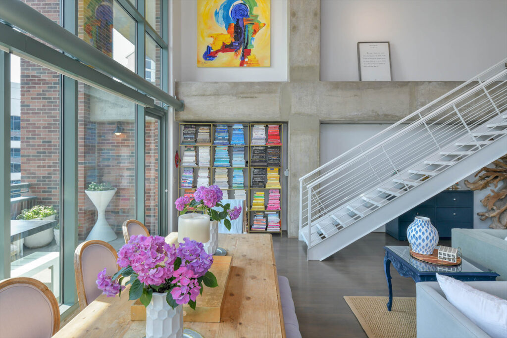 Pops of color abound throughout the industrial space. 