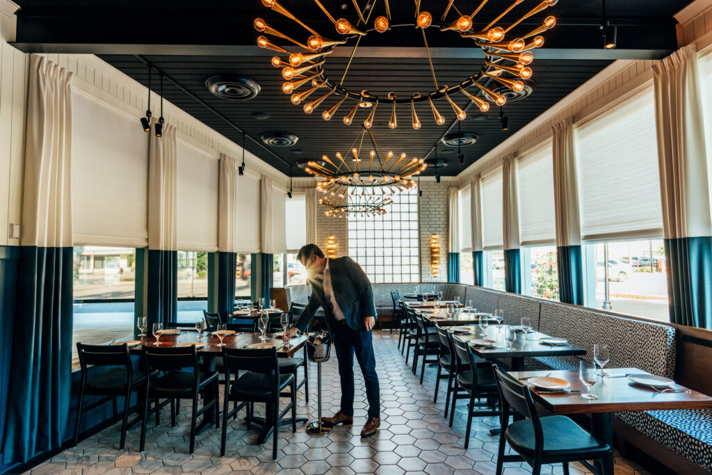 The Little Oyster's Bar space, which seats more than 80 indoors and more than 50 on the all-weather patio with a retractable roof, was designed by the Pappas in-house design team, led by design director Evy Pappas, to be fun and fancy with a little touch of funk.  (Photo by Arturo Olmos)
