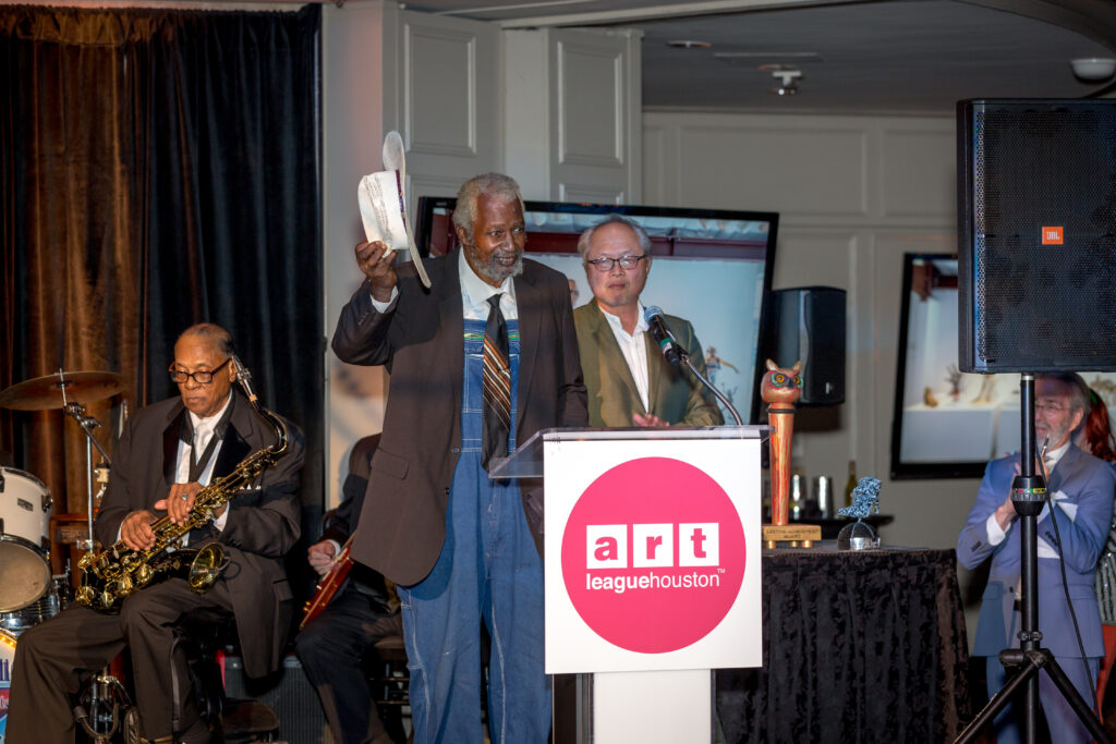 Artists Jesse Lott and Mel Chin at Art League Houston Texas Artist of the Year Gala 2016. The night bestowed Lifetime Achievement honors on Lott, with Chin introducing his long-time pal; the artists' friendship dates back to a shared Fifth Ward childhood. (Photo by Alex Barber, courtesy Art League Houston)