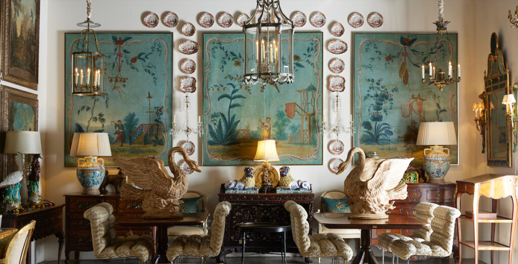 Mid-18th-century French painted panels, 1970s chairs by Frank Mariani
for Pace Collection. (Photo by Kris Ellis)