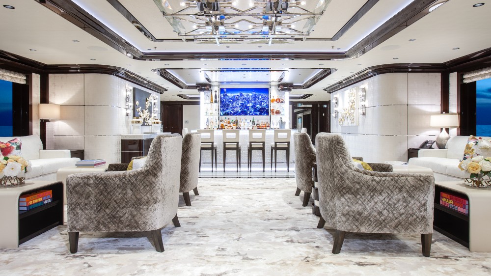 The main salon on Tilman Fertitta's superyacht 'Boardwalk' (Photo courtesy of Fertitta Entertainment)