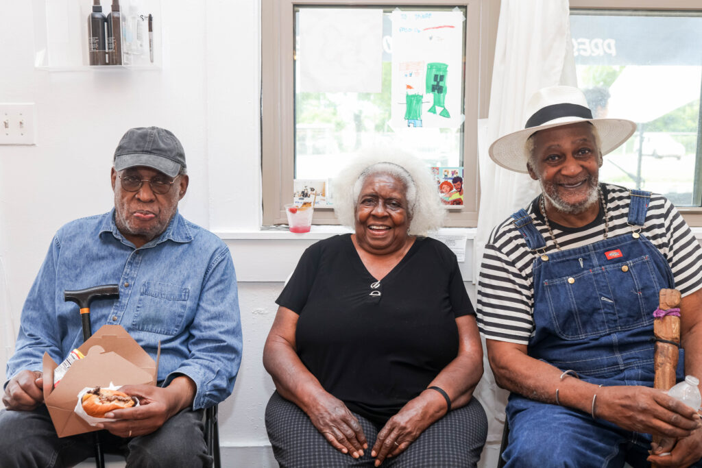 From left: Project Row Houses co-founder artist George Smith and wife longtime former Menil Collection visitor/membership associate Thelma Smith, and late PRH co-founder artist Jesse Lott, shown at the Project Row Houses 30th Anniversary community celebration July 5, 2023. (Photo by Wando Okongwu, courtesy Project Row Houses, Houston)