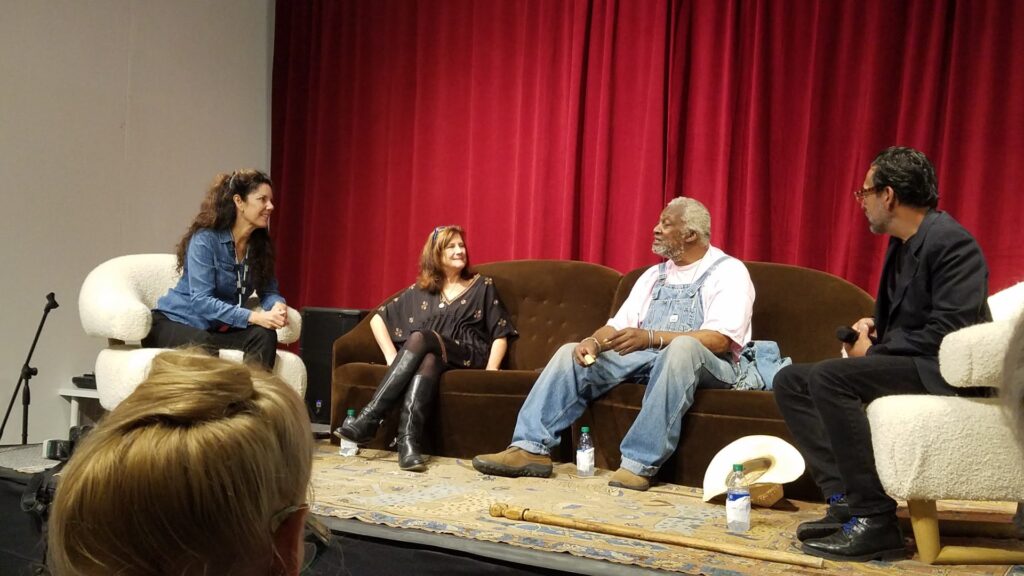 From left: Cressandra Thibodeaux, Marti Corn, Jesse Lott, and Henry G. Sanchez discuss the Thibodeaux-directed documentary  "Jesse Lott: Art & Activism" at the Texas Contemporary Art Fair, October 13, 2019. (Courtesy Cressandra Thibodeaux)