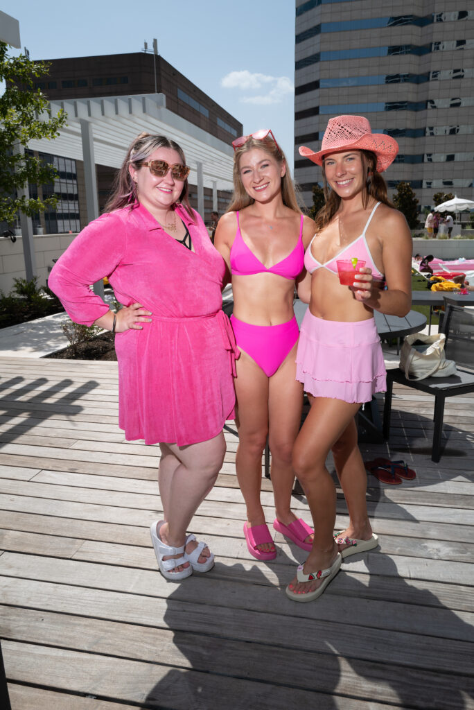 Caitlin Moffett, Tiffany Wisneski, Claire Stevlingson at the Barbie-inspired pool party at Hines' Brava, the downtown residential high rise.