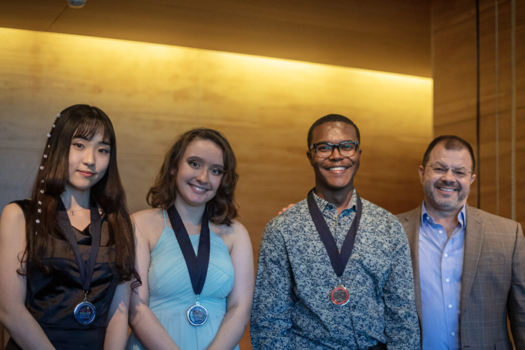 Mitchell-Hogg Competition third place winner Momoko Uchida, second place winner Lorien Britt, first place & Audience Favorite winner Xayvion Davidson, TMF director Alan Austin at the Texas Music Festival (Photo by Felipe Harker/University of Houston Kathrine G. McGovern College of the Arts
