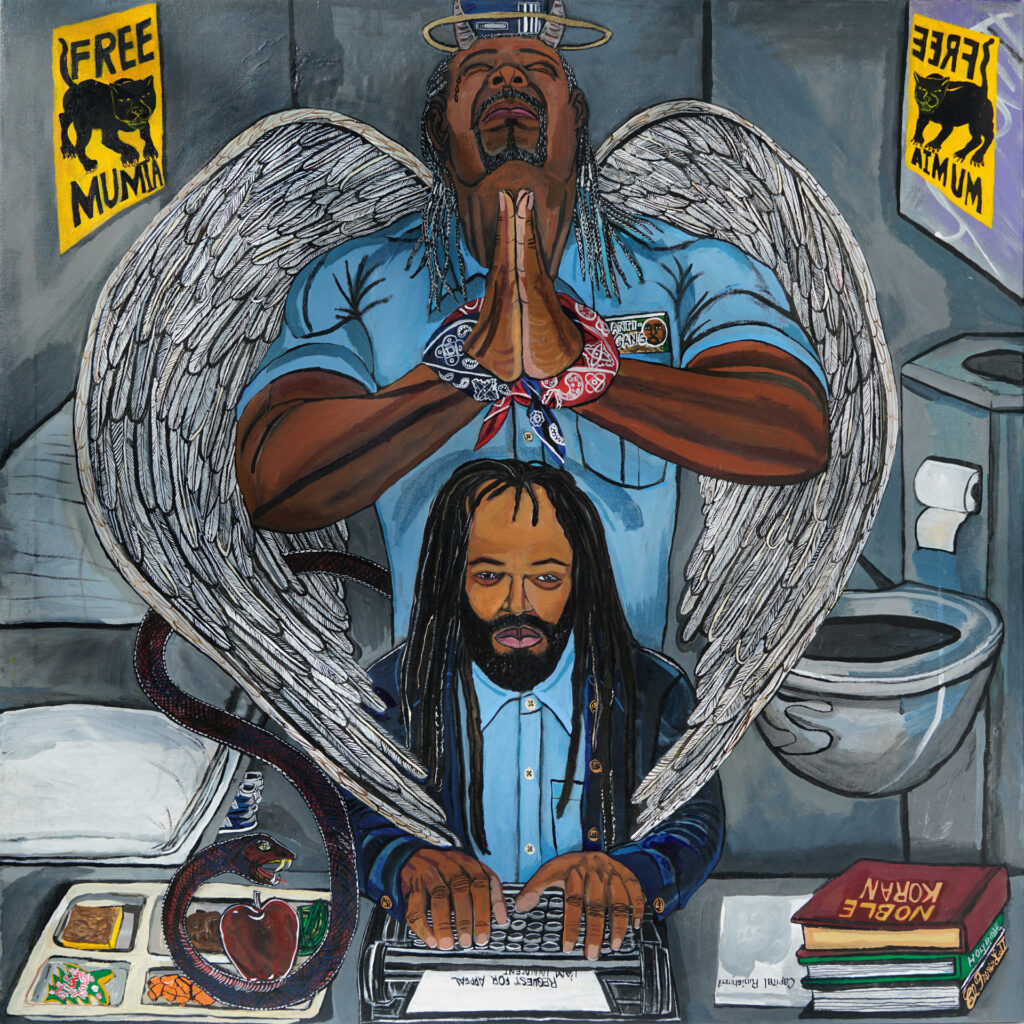 El Franco Lee II's "Free Mumia," 2021. In the painting, Stanley "Tookie" Williams is shown praying above Mumia Abu Jamal. (Courtesy El Franco Lee II)