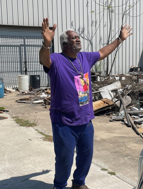 Jesse Lott basks in the sun outside his Fifth Ward, Houston studio, 2022. The artist was always connected to spirit, says his gallerist, Deborah Colton.  (Courtesy Deborah Colton Gallery, Houston)