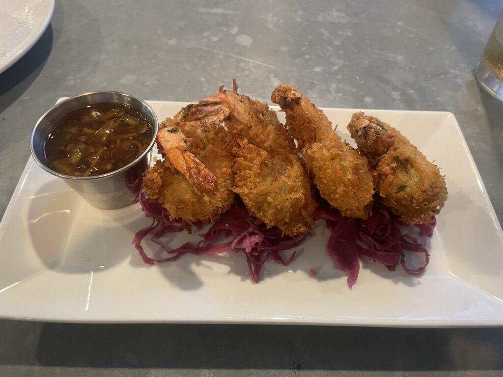 The coconut shrimp appetizer at Butler House has a delicious sweet dipping sauce with just a hint of kick.