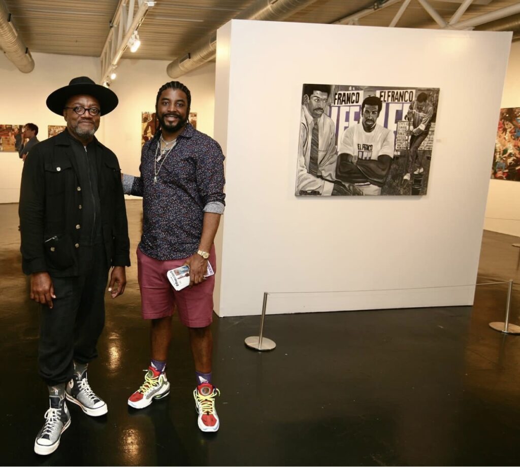 Pictured from Left to Right: Chief Curator Christopher Blay of the Houston Museum of African American Culture, and artist El Franco Lee II pictured at the opening of the art exhibition "El Franco Lee II: Mid-Career Survey," which is currently on view at HMAAC through September 2, 2023. (Courtesy HMAAC)