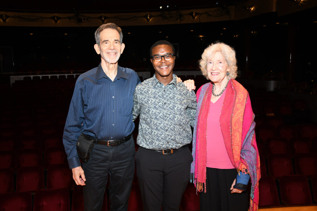 TMF faculty Michael Webster, Mitchell-Hogg winner Xayvion Davidson, TMF faculty Leone Buyse at the Texas Music Festival (Photo by Jeff Grass)