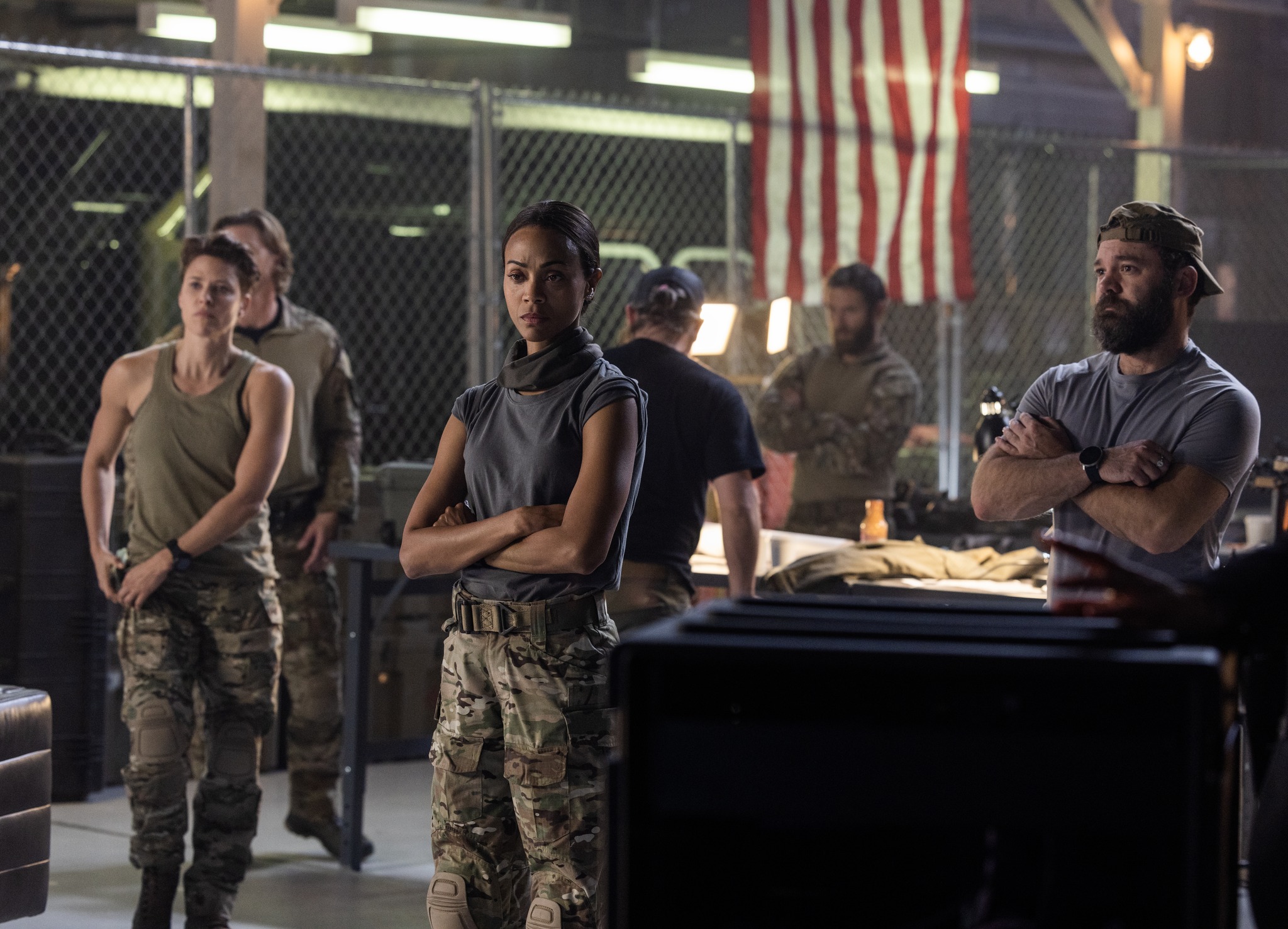 Jill Wagner as Bobby, Thad Luckinbill as Kyle, Zoe Saldana as Joe, James Jordan as Two Cups, Jonah Wharton as Tex, Austin Hébert as Randy in Lioness episode 5, Season 1 streaming on Paramount+. (Photo by Greg Lewis/Paramount+)