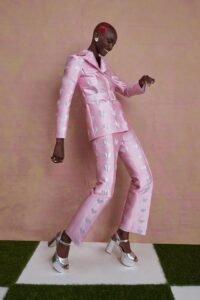 Lisou’s Lucille Pink Heart Print Silk Jacquard Jacket, $780, Hetty Pinnk Heart Print Silk Jacquard Trousers, $460