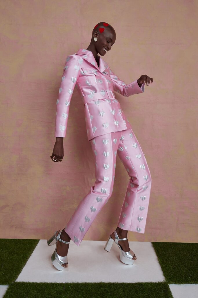 Lisou's Lucille Pink Heart Print Silk Jacquard Jacket, $780, Hetty Pinnk Heart Print Silk Jacquard Trousers, $460