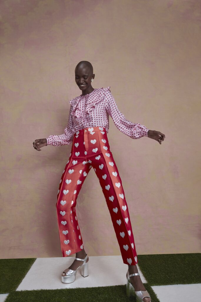 Lisou's Simone Pink Red Lip Print Silk Twill Shirt, $430, Red Print Silk Jacquard Trouser, $460
