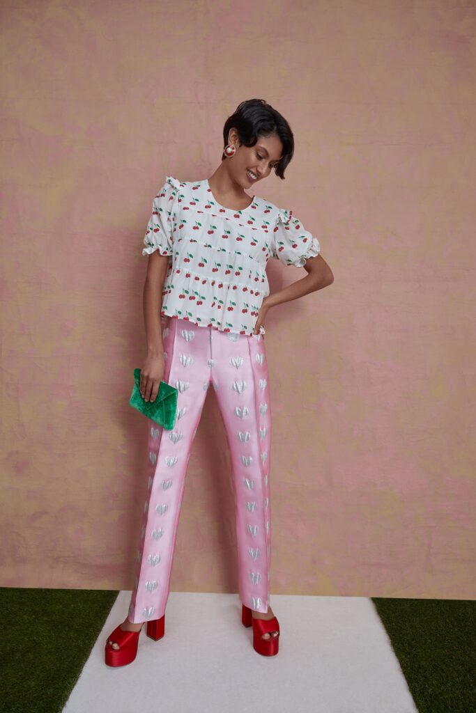 LIsou's Chloe White Cherry Pink Silk Voile Top, $330, Hetty Pink Heart Print Silk Jacquard Trousers, $460