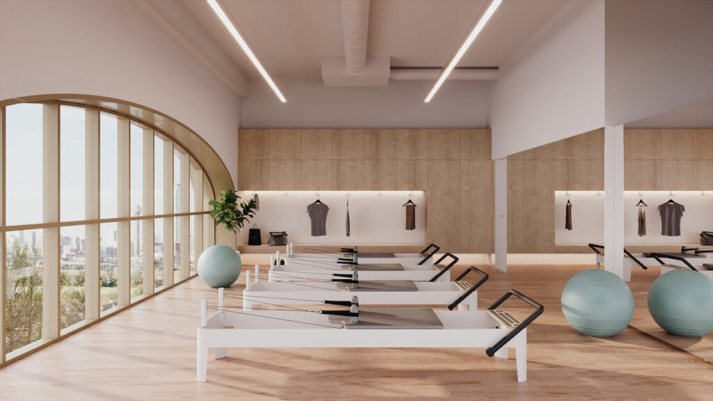 A rendering of the Pilates studio at O2 Dallas in The Terminal.