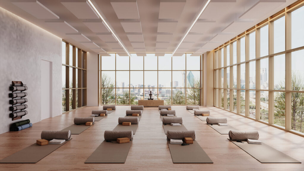 A rendering of the O2 Dallas yoga studio in The Terminal.