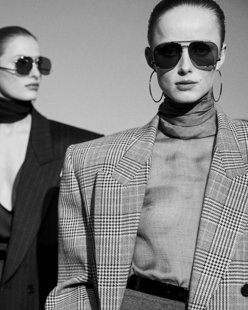 Saint Laurent is showing high necks, bare chests, and exaggerated shoulders this fall and winter.