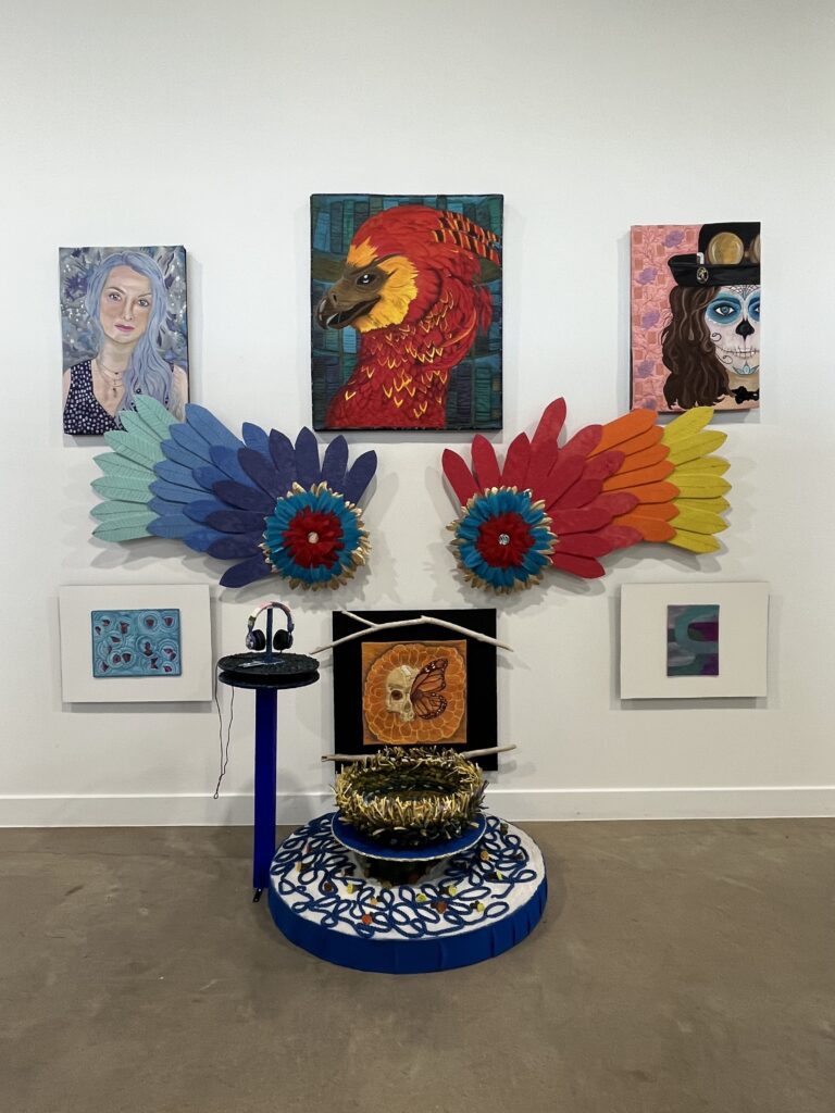 Nancy Ofori uses fabric, paint, and embroidery to depict renewal in her collection, "RE," 2023, at "Multi-Zen-Sery" at The Alta Arts (Photo by Brittany Ellis)