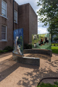 “The Meditative Space” is made up of two curved glass panels that show Barbara Jordan’s expansive legacy and impact. (Photo by Alex Barber)