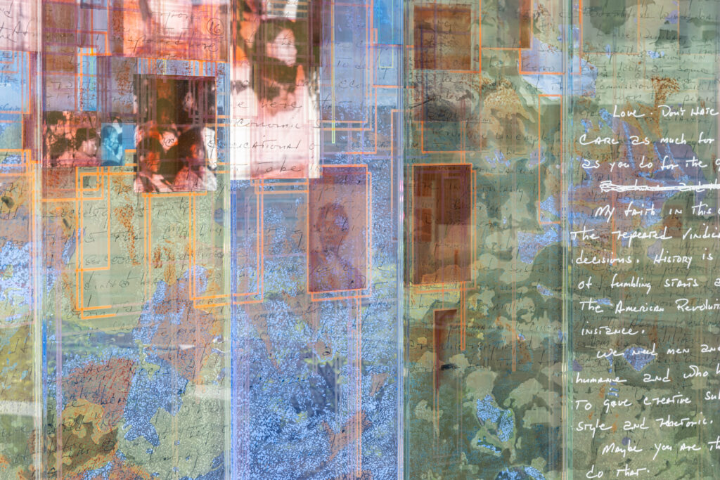 Close up of "The Meditative Space." The artwork features archival photos of Jordan, as well as excerpts from her powerful speeches. (Photo by Alex Barber)