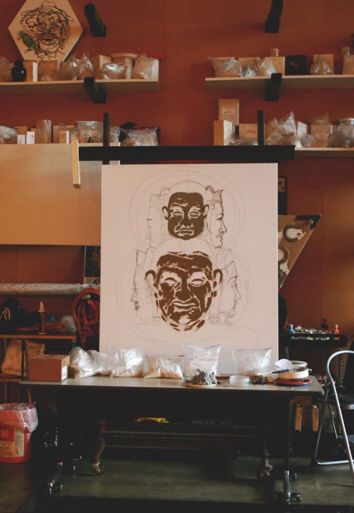 Wayne Gilbert's unorthodox materials rest on his easel. (Photo Jenny Antill Clifton, courtesy Texas Artists Today) 