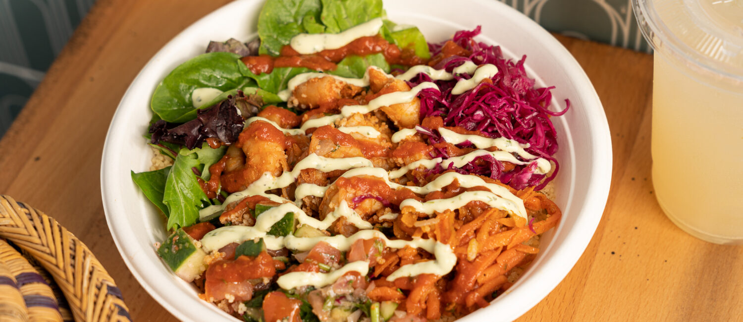 Tangier Bowl at ZOA (shrimp, pickled red onion cabbage, greens, cinnamon, carrots, cucumber, tomato, tomato chermoula, zesty mint avocado yogurt).jpg (Photo by Courtesy of ZOA Mediterranean Kitchen)